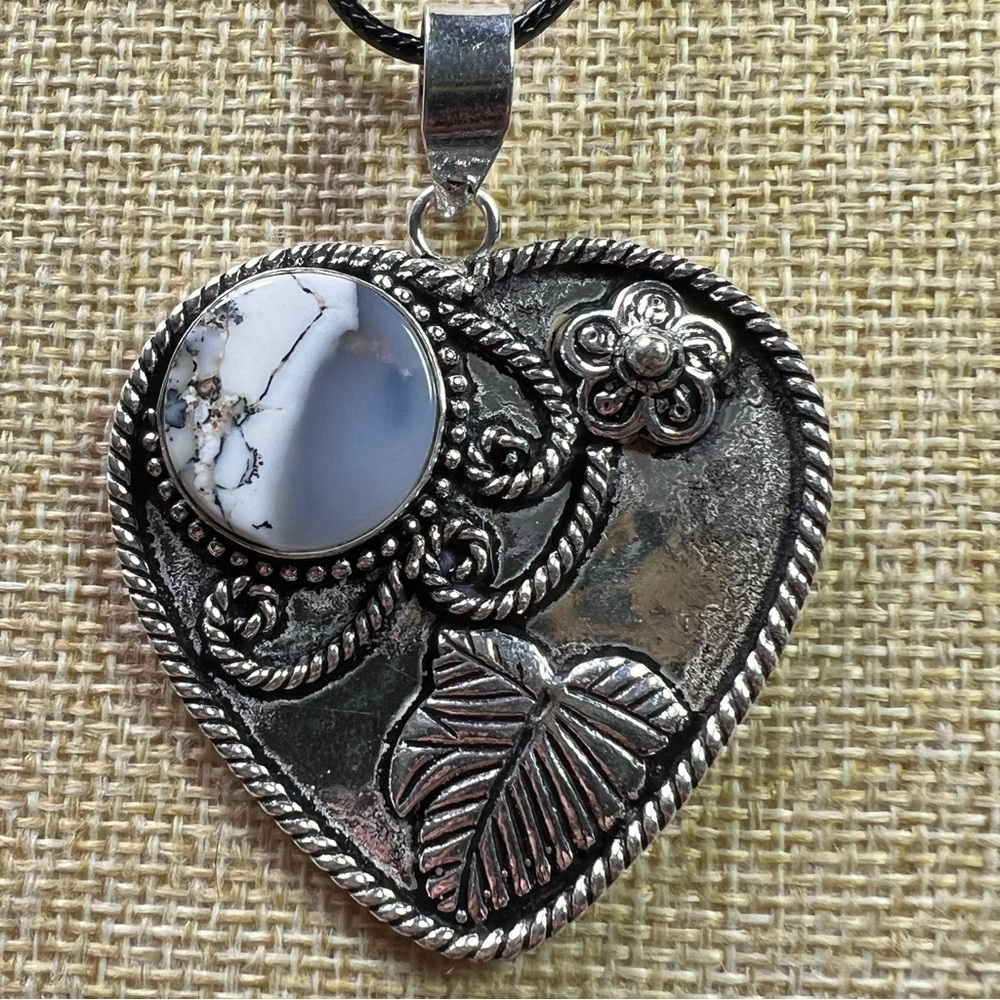 New Large Dendritic Opal Heart Silver Overlay Pendant Necklace w Cord